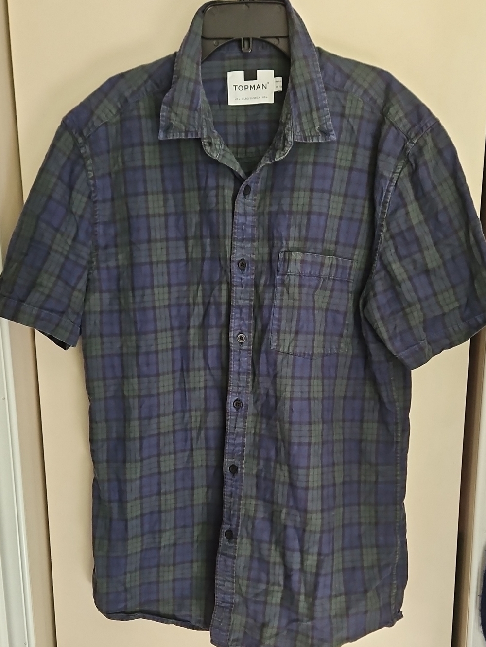 Topman Navy and Olive Plaid Short Sleeve Button-Down Shirt Sz Large. Fits Small